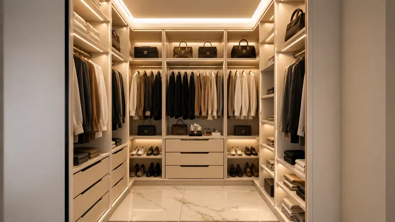 Closet planejado com iluminação embutida e organização por categoria