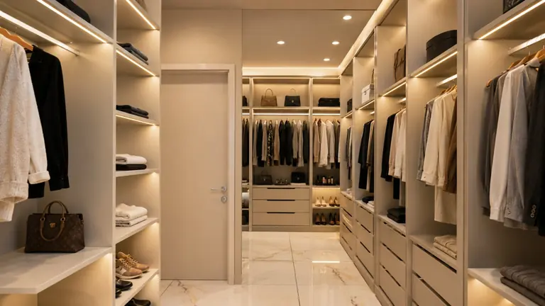 Closet planejado com corredor e gaveteiro central