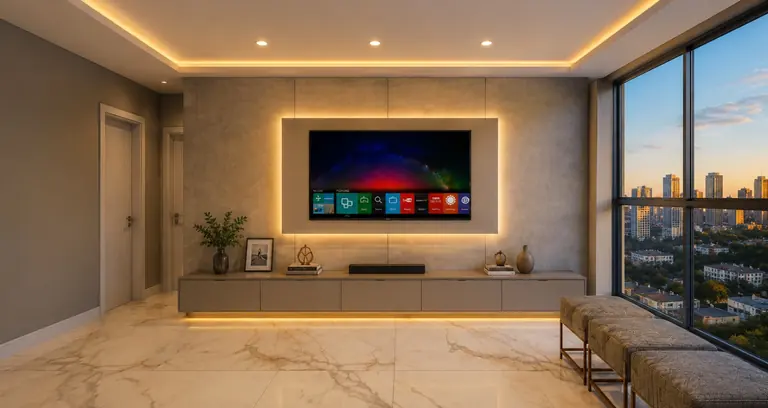 Sala de estar planejada com painel de TV e vista panorâmica