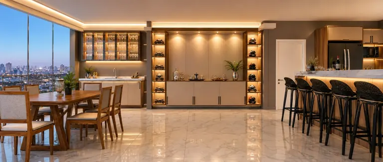 Sala de jantar planejada integrada à cozinha, com bancada e banquetas